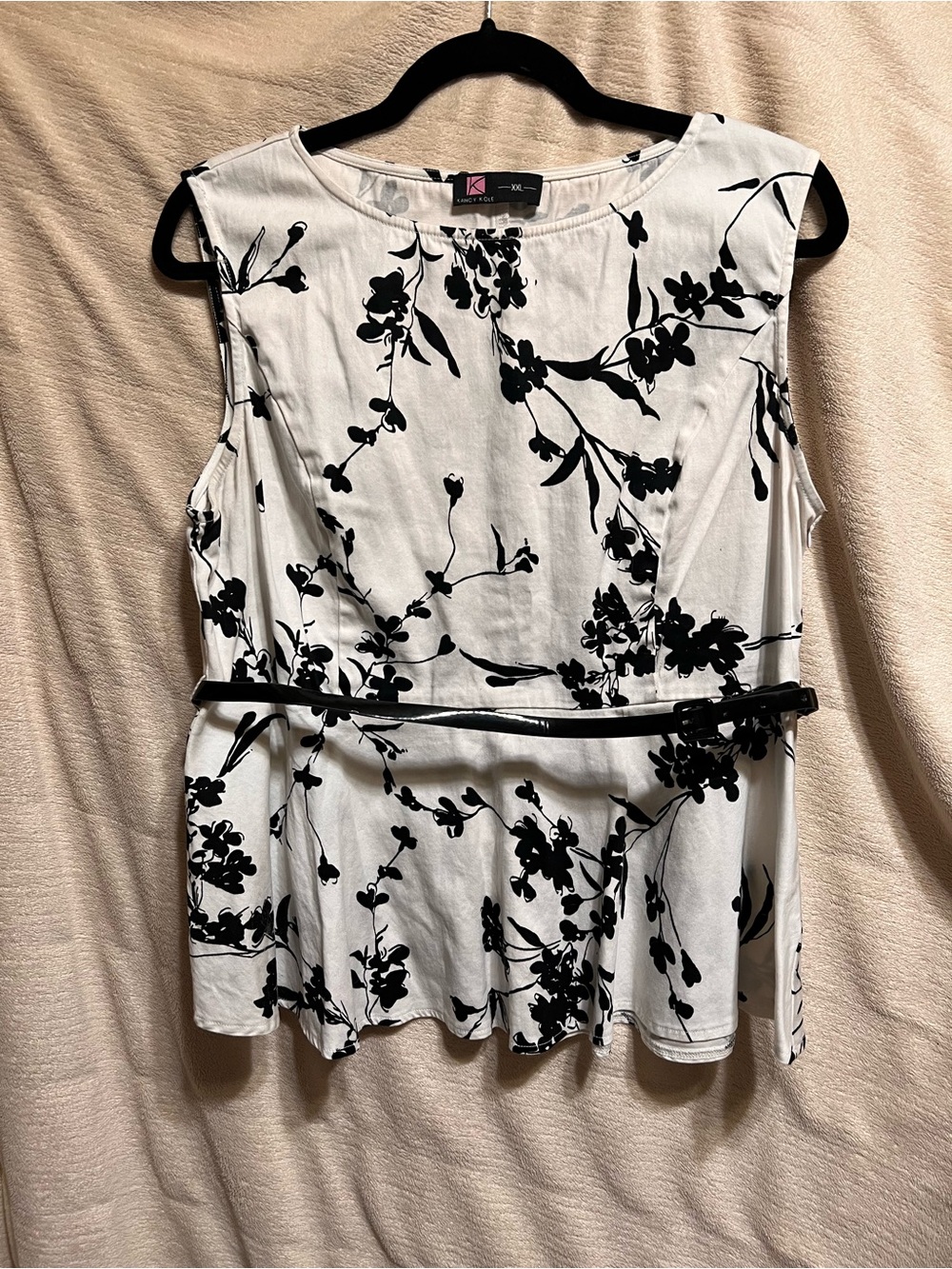 Kancy Kole Black White Floral Peplum Top Belted XXL
